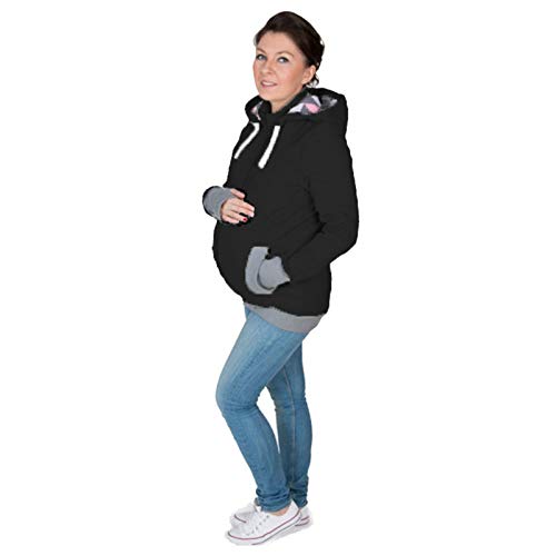 DNJKH Mujer Sudadera Capucha Canguro mamá portabebé Bolsillo Chaqueta con Baby Bolsillos,Negro,L