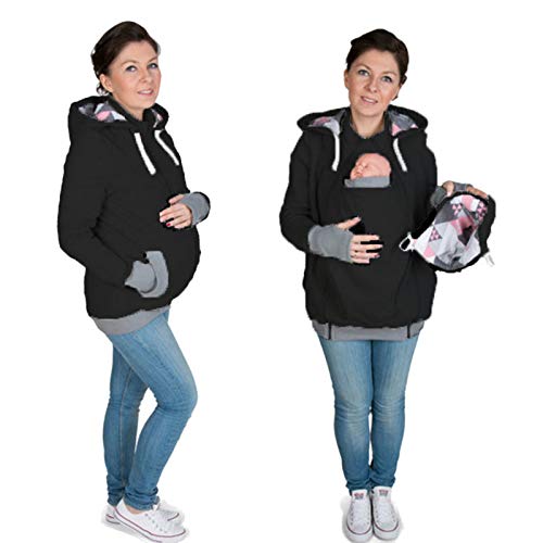 DNJKH Mujer Sudadera Capucha Canguro mamá portabebé Bolsillo Chaqueta con Baby Bolsillos,Negro,L