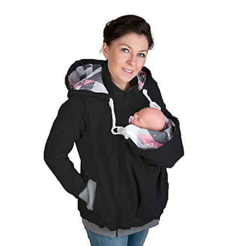 DNJKH Mujer Sudadera Capucha Canguro mamá portabebé Bolsillo Chaqueta con Baby Bolsillos,Negro,L