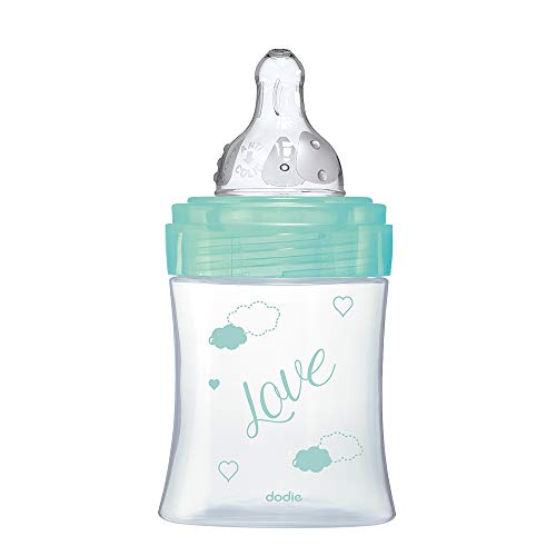 Dodie Initiation+ - Biberón, anticólicos, de vidrio, 150 ml, de 0 a 6 meses de edad, con tetina redonda y flujo 1, de pájaro, verde