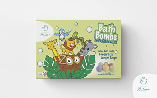 DONE BY NATURE - Bombas de baño Zoo Animales, paquete de 6 con juguete sorpresa en el interior! Kit de bomba de baño de spa orgánico, natural vegano. 100% seguro para niños.