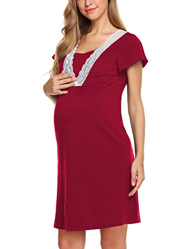 DOTBUY Mujer Camisón, Premamá Lactancia Vestido de Lactancia Maternidad de Noche Camisón Mujeres Embarazadas Ropa de Dormir Pijama Verano Encaje (XL, Vino Tinto)