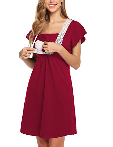 DOTBUY Mujer Camisón, Premamá Lactancia Vestido de Lactancia Maternidad de Noche Camisón Mujeres Embarazadas Ropa de Dormir Pijama Verano Encaje (XL, Vino Tinto)