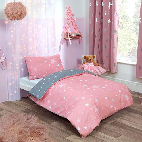 Dreamscene Juego edredón con Funda de Almohada Reversible para niños pequeños, Polialgodón, Rosa y Gris, Junior/Cot