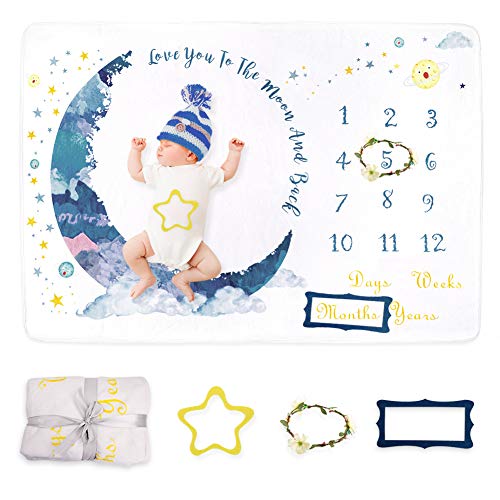 Dsaren Manta Mensual Bebe Suave Franela Manta Mensual de Hito Personalizados Fondo de Fotografía con Marco y Corona para Recién Nacido Regalo Baby Shower Niños Niñas (Luna)