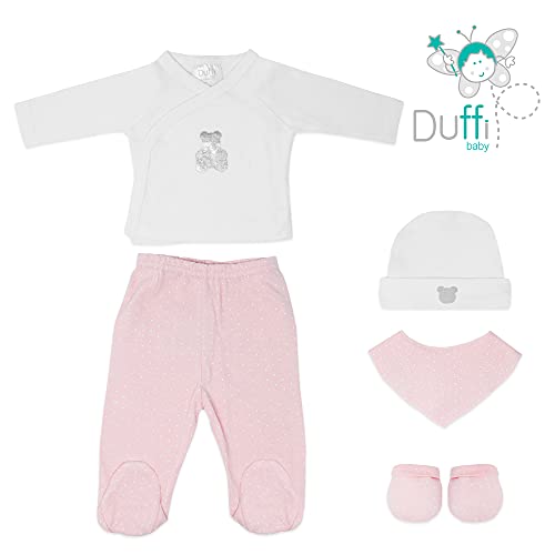 Duffi Baby Set Primera Puesta Bebe Recien Nacido 5 Piezas. Set Regalo Bebe. Conjunto Primera Puesta Bebe con Chaquetita, Polaina, Gorro, Babero y Manoplas. 100% Algodon Modelo Osito Color Rosa 0985-06