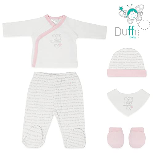 Duffi Baby Set Primera Puesta Bebe Recien Nacido 5 Piezas. Set Regalo Bebe Original. Conjunto Primera Puesta Bebe con Chaquetita, Polaina, Gorro, Babero y Manoplas. 100% Algodon. Color Rosa