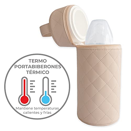 Duffi baby Termo porta biberon polipiel bebe. Bolsa termica portabiberon caliente y frio. Funda isotermica para biberones o termo portatil. Cremallera y asa. Coleccion Lux Beige 0558-05