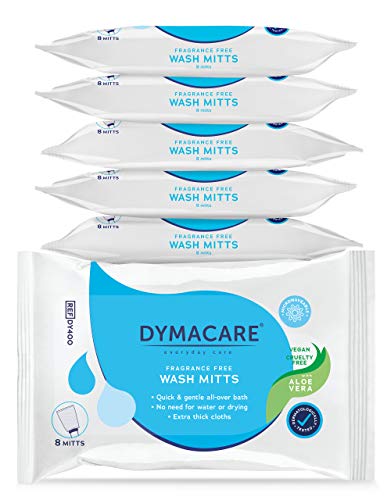 DYMACARE Manopla de lavado sin fragancias, sin enjuague para cama de adultos, guantes de lavado húmedo, sin enjuague | con aloe vera, látex, lanolina y sin alcohol, 6 paquetes (48 guantes en total)