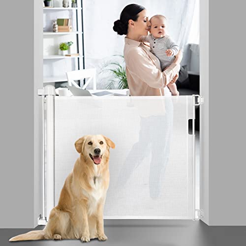 EasySMX Barrera Seguridad Nños y Perros, Puerta Seguridad Bebé Extensibles, Retráctil Vallas de para Escaleras, Barrera Escalera para Uso en Interiores y Exteriores, Blanco