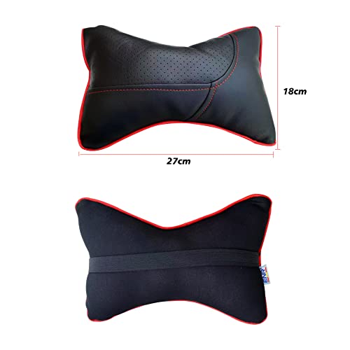 Enerfero Reposacabezas Coche 2Pcs y Almohadillas para Cinturon de Seguridad,Almohada para el Cuello,Cojin y protectores de hombro mterial de piel color Negro y rojo (Almohadilla + Cojin)