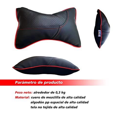 Enerfero Reposacabezas Coche 2Pcs y Almohadillas para Cinturon de Seguridad,Almohada para el Cuello,Cojin y protectores de hombro mterial de piel color Negro y rojo (Almohadilla + Cojin)