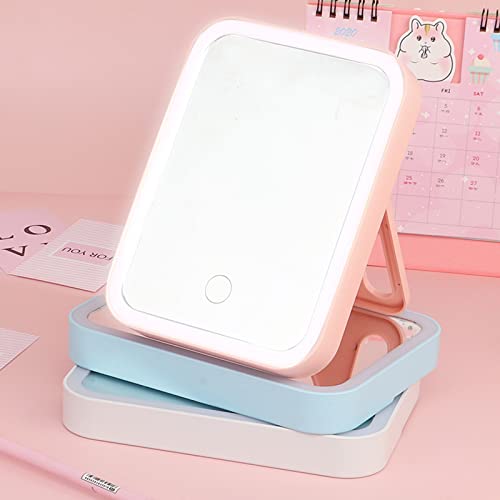 Espejo Maquillaje con Luz Brillo Adjustable Espejo De Tocador Portátil Control Tactil Espejo De Tocador Plegable De Escritorio Carga USB para El Cuidado Facial,Rosado