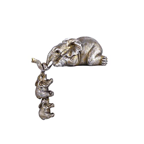 Estatua de elefante – resina dorada elefante decoración madre y dos bebés que se cuelgan del borde de un estante o mesa – Regalos de elefante para mujeres, regalos de mamá