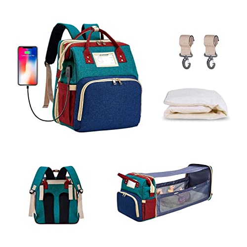 EXEDSCEND Mochila Plegable para Pañales, Bolsa Multifuncional para Pañales Mochila De Viaje para Bebés con Cambiador USB Integrado Gran Capacidad Cambiador Cuna Plegable De Viaje para Niños Niñas