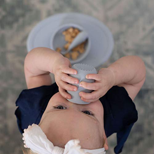 ezpz Set de Primeros Alimentos - Tiny Bowl, Tiny Cup, Tiny Spoons 4 meses +. Bol, vaso y cucharas 100% de silicona para bebés. Gris claro