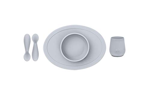 ezpz Set de Primeros Alimentos - Tiny Bowl, Tiny Cup, Tiny Spoons 4 meses +. Bol, vaso y cucharas 100% de silicona para bebés. Gris claro