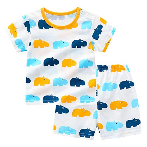 Fansu Pijamas de Manga Corta para Niños y Niña, Pijamas Dos Piezas Bebé Verano Suave y Cómoda Ropa Algodón de Ajuste Juego de Pijama Camisetas y Pantalones (120cm(60M),Hipopótamo Azul)