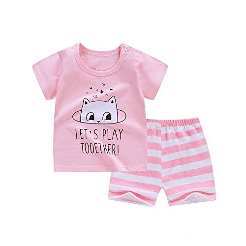 Fansu Pijamas Enteros de Manga Corta para Niños, Pijamas Dos Piezas Bebé Niña Verano Algodón Juego de Pijama Camisetas Pantalones Estampado Animal Carta (Gato Rosa,100cm(2-3 años))