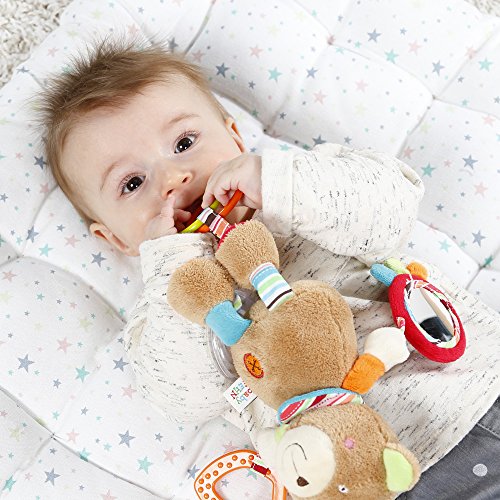 Fehn 091878 Juguete de actividad motora, con diseño de osito de peluche para colgar, con espejo y anillos para morder, agarrar y producir sonidos, Para bebés y niños pequeños desde el nacimiento