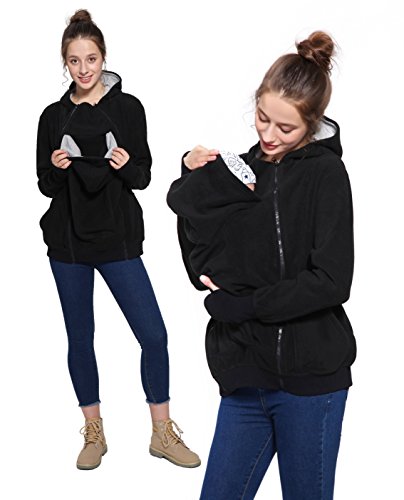 F.G.Y 3 en 1 Mama Chaqueta Sudadera Canguro con Capucha, Abrigo Premamá para Mujer Multifunción, Calentar Portabebés Chaqueta con Baby Bolsillos (Negro, M)