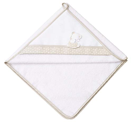 FILET - Albornoz Triángulo de Algodón para Bordar con Bordado en Forma de Oso Tímido, Hecho de Esponja Suave, Baño, 100% Made in Italy, Color Blanco y Beige