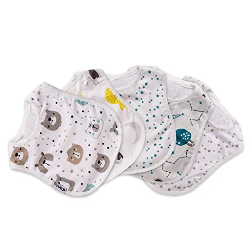 FlyIdeas Baberos Bebe Impermeables, Paquete de 5, Doble Capa Algodón Babero Absorbente para Alimentación de Bebe Multicolor, 0-18 Meses, OEKO-TEX Cert.