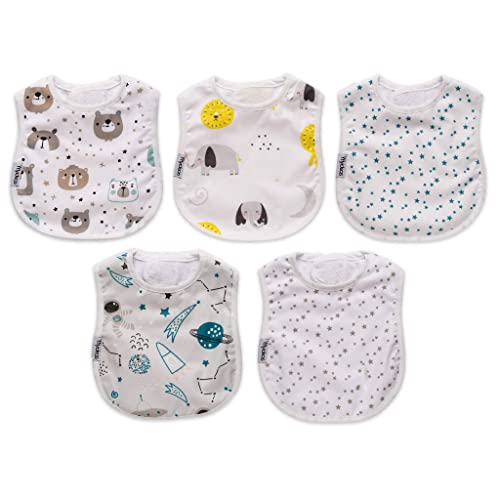 FlyIdeas Baberos Bebe Impermeables, Paquete de 5, Doble Capa Algodón Babero Absorbente para Alimentación de Bebe Multicolor, 0-18 Meses, OEKO-TEX Cert.