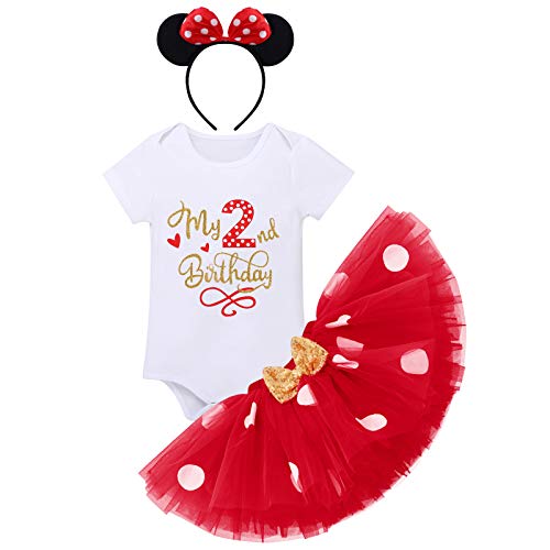 FYMNSI Recién Nacida Bebé Niñas Mi Primer Cumpleaños Trajes Conjuntos Disfraz De Minnie Princesa Vestido Tutu Manga Corta Mameluco Lunares Falda Oído Diadema 3 Piezas Set Rojo 2 años