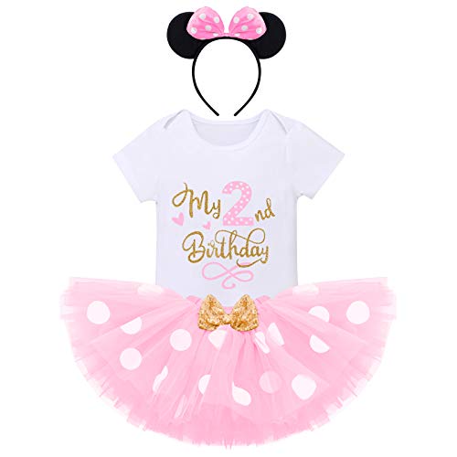 FYMNSI Recién Nacida Bebé Niñas Mi Primer Cumpleaños Trajes Conjuntos Disfraz De Minnie Princesa Vestido Tutu Manga Corta Mameluco Lunares Falda Oído Diadema 3 Piezas Set Rosado 2 años