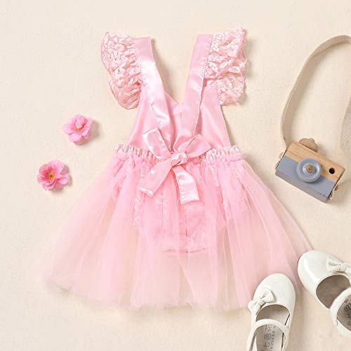 Geagodelia Vestido de pelele para bebé de cumpleaños, de encaje, de manga corta, de verano, de princesa, vestido de niña, bautizo, elegante Rosa 12-18 meses