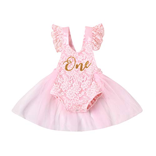 Geagodelia Vestido de pelele para bebé de cumpleaños, de encaje, de manga corta, de verano, de princesa, vestido de niña, bautizo, elegante Rosa 12-18 meses