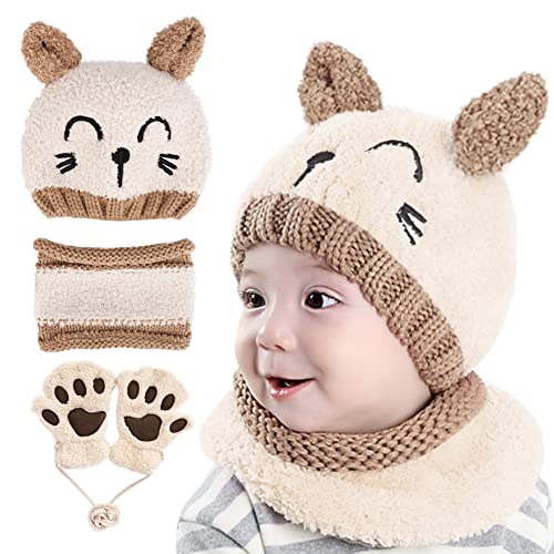 GIKPAL Gorra Bebe Sombrero y Bufanda, Invierno Bebé Beanie Bufandas Set Tejido Gorro Punto Caps Sombreros Bufanda de Punto Cuello Redondo, Beige