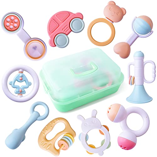 GizmoVine sonajero para bebés mordedor para bebés sin Juego de sonajero de BPA con Caja de Almacenamiento Juguete de Regalo Adecuado para bebés de 3 a 12 Meses y recién Nacidos