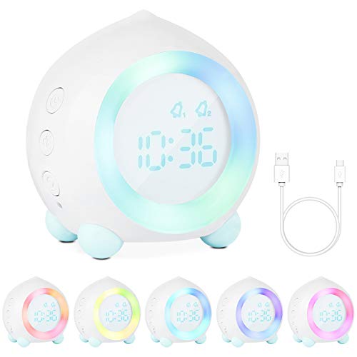 Gobesty Despertador Digital Infantil, Despertadores Infantiles para Niños Niña Reloj Despertador Infantil Digital con Luz Nocturna con Alarma Dual Función Snooze y Termómetro, Blanco