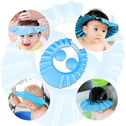 Gorro de Ducha de Bebé Para,Cepillo de Silicona Champú para Bebés,Suave Ajustable con Protección para los oídos Gorro de ducha,Evita que los ojos se llenen de Agua y Champú Protege para el (Azul)