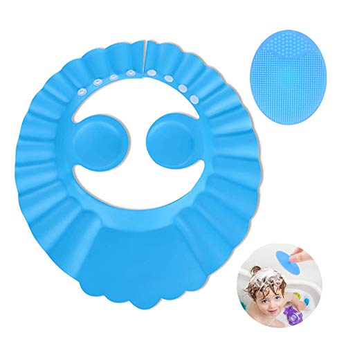 Gorro de Ducha de Bebé Para,Cepillo de Silicona Champú para Bebés,Suave Ajustable con Protección para los oídos Gorro de ducha,Evita que los ojos se llenen de Agua y Champú Protege para el (Azul)