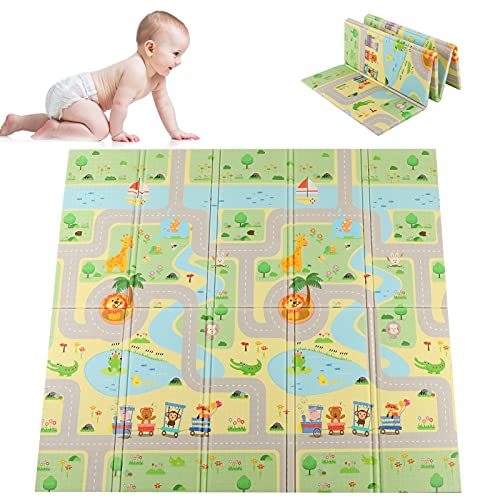 GOTOTOP Alfombra de XPE Plegable para Bebés, Suave Y Impermeable, 196 X 177 X 1.5cm, Alfombra de Juego de Doble Cara, Alfombra Gateo Infantil Antideslizante Portátil(Zoo)