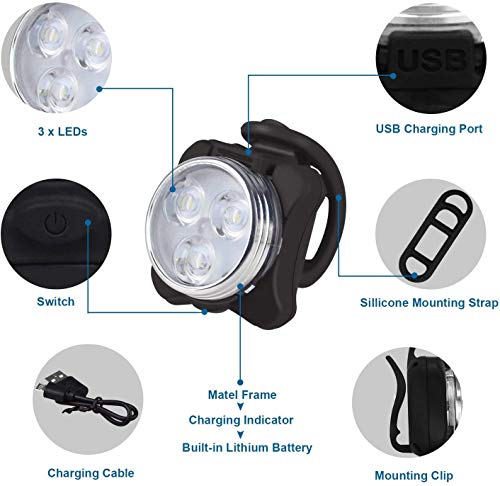 Grunda Juego de 2 luces USB impermeables para cochecito de bebé con 4 funciones de luz LED, 1 luz blanca y 1 luz roja, pinza de silicona flexible para mayor seguridad, ver y ser visto con el cochecito