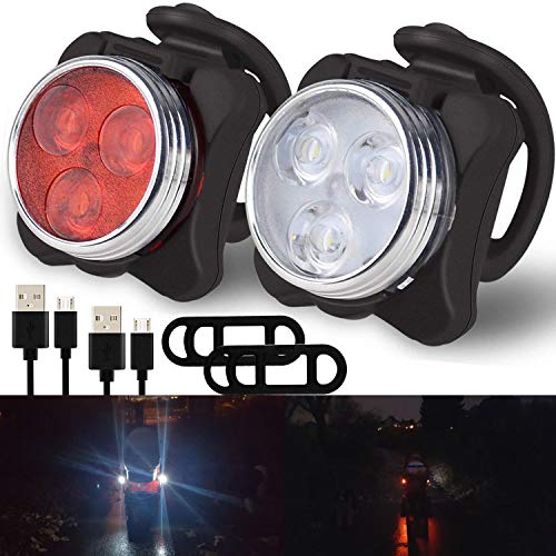 Grunda Juego de 2 luces USB impermeables para cochecito de bebé con 4 funciones de luz LED, 1 luz blanca y 1 luz roja, pinza de silicona flexible para mayor seguridad, ver y ser visto con el cochecito