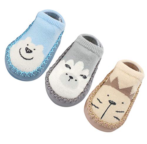 Happy cherry 3Pcs Calcetines Prewalker Antideslizante Zapatillas de Piso Bebes Impresión Lindo Caliente Algodón 13cm 12-18 Meses, Gris, Azul Y Verde