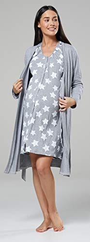 HAPPY MAMA Para Mujer Set Camisón Bata de Premamá Embarazo Lactancia 1009 (Mezcla Gris y Gris con Estrellas, 42-44, L)