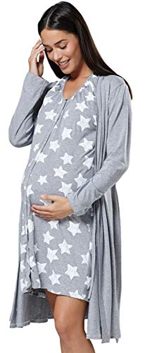 HAPPY MAMA Para Mujer Set Camisón Bata de Premamá Embarazo Lactancia 1009 (Mezcla Gris y Gris con Estrellas, 42-44, L)