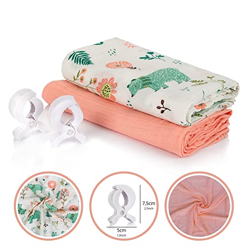 HappyDoo - Pack Incluye 2 Muselinas Grandes Bebé Algodón 120 x 120 y Bambú + 2 Ganchos Carrito Bebé - Muselinas Bebe Algodón - 70% Bambú 30% Algodón - Toquilla Bebé Verano - Swaddle