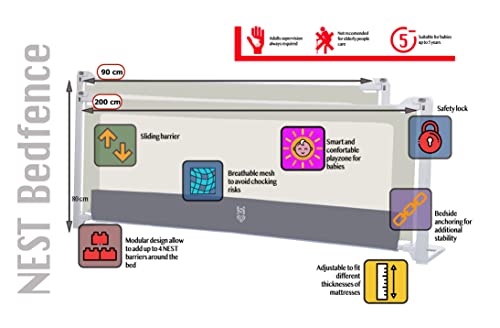 Harbour 99 - Barandilla De Cama para Niños de 0-5 años Color Gris, Protección De Seguridad Retráctil, Barrera para Cama Alta, Segura y de 3 Generación (Gris, Longitud 90 cm)