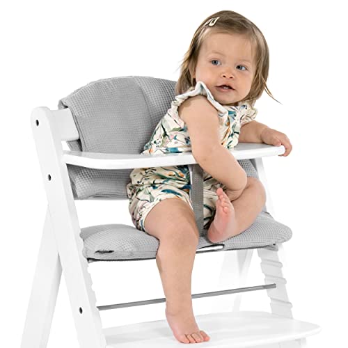 Hauck Alpha Plus - Trona evolutiva madera con Bandeja One ClicK - Trona bebe con arnés y cojín - Trona convertible - Blanco/Gris