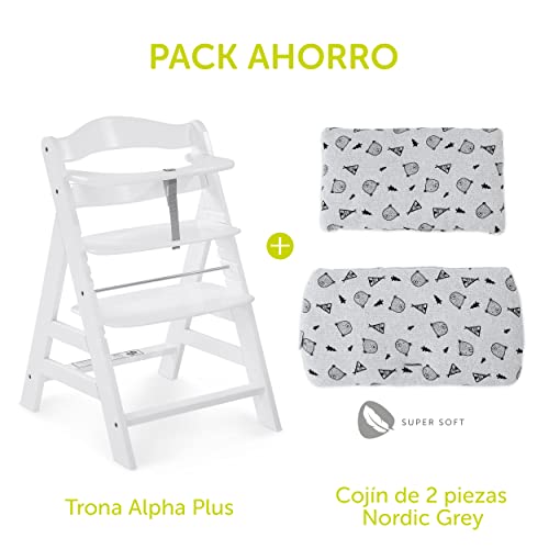 Hauck Alpha Plus - Trona evolutiva madera - Trona bebe con arnés y cojín - Trona convertible - Blanco Nordic Grey