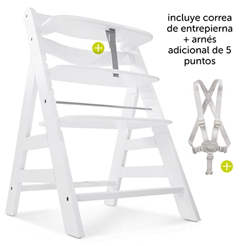 Hauck Alpha Plus - Trona evolutiva madera - Trona bebe con arnés y cojín - Trona convertible - Blanco Nordic Grey