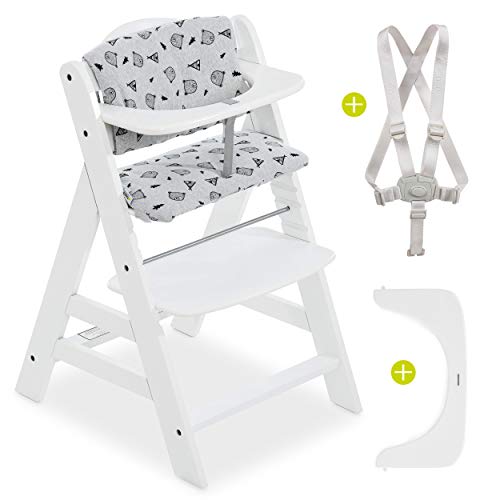 Hauck Alpha Plus - Trona evolutiva madera - Trona bebe con arnés y cojín - Trona convertible - Blanco Nordic Grey