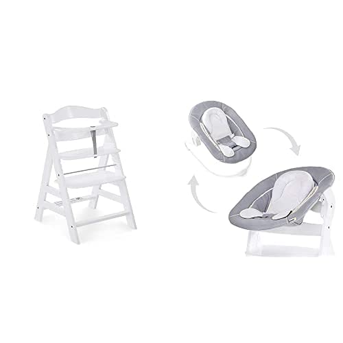 Hauck Newborn Set (2 Piezas): Trona Alpha desde 6 meses, evolutiva, altura regulable, hasta 90 kg en blanco + Hamaca (con cojin reductor liso) en gris